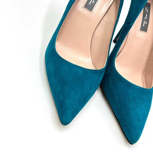 SJP Sarah Jessica Parker EU 38 US 8 Teal Blue Suede Leather Fawn 70 Dress Pumps - Picture 3 of 16